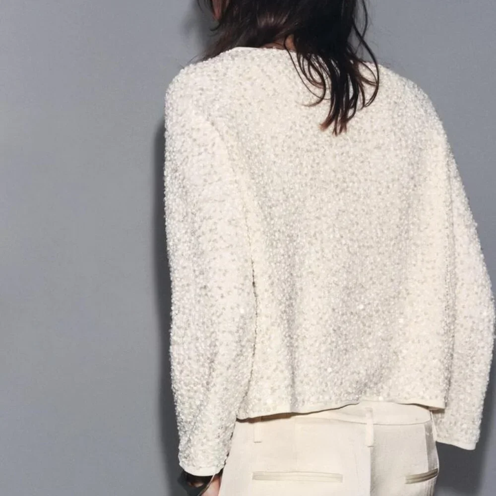 ZARA SEQUIN KNIT CARDIGAN BOAT NECK BUTTON FRONT NWT SIZE L - Picture 3 of 10